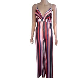 Multi color striped sheer pant jumpsuit with side slits.